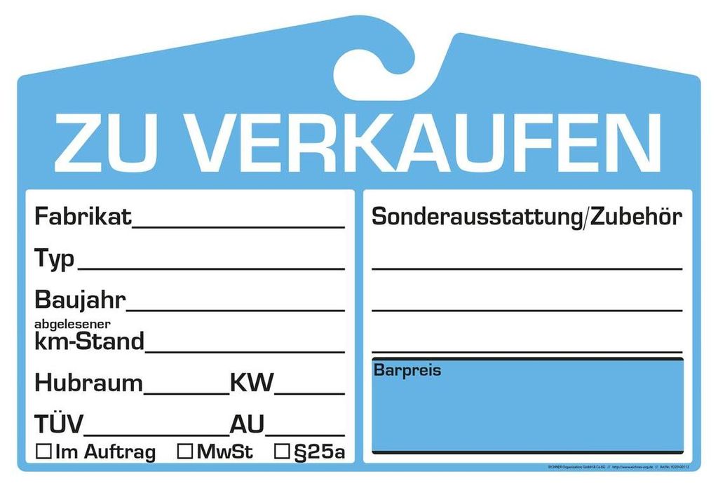 Verkaufsschild aus Karton zur Befestigung am Innenspiegel, für eine einfache Preisauszeichnung, Preisfeld neutral, Blau, Verpackungseinheit: 1 P/25