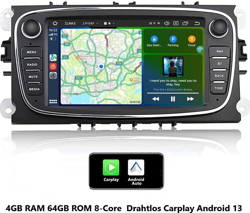 7 Zoll Autoradio GPS Navi Android 13 für Ford Focus II C/S-MAX Kuga Galaxy II Mondeo 9 Transit Connect. Drahtlos Apple carplay und Android Auto.