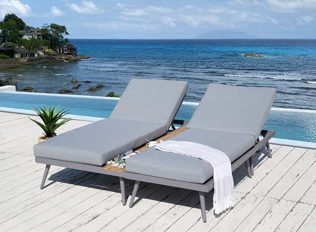 ALEOS. Doppelliege Flexible Lounge aus Aluminium mit Massiv Holz Teak Multifunktionslounge Lounge-Set Loungegarnitur Sitzgruppe Doppelliege Sofagar...