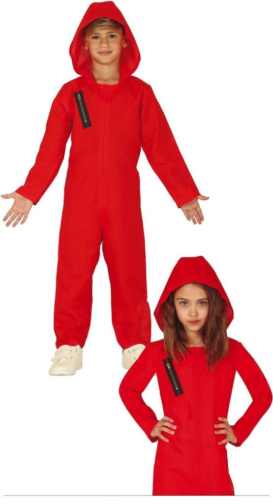Two children wearing red jumpsuits with hoods and a black zipper detail on the chest, posing against a white background.