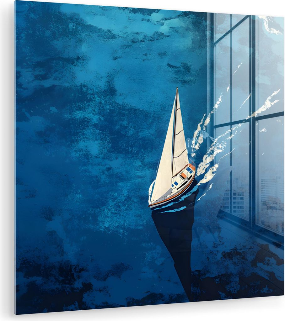 MuchoWow Glasbilder - Bilder auf Wandbild - Foto auf Glas Segelboot - Wasser - Abstrakt - Schatten 30x30 cm Wanddekoration aus Glas - Acrylglasbild...