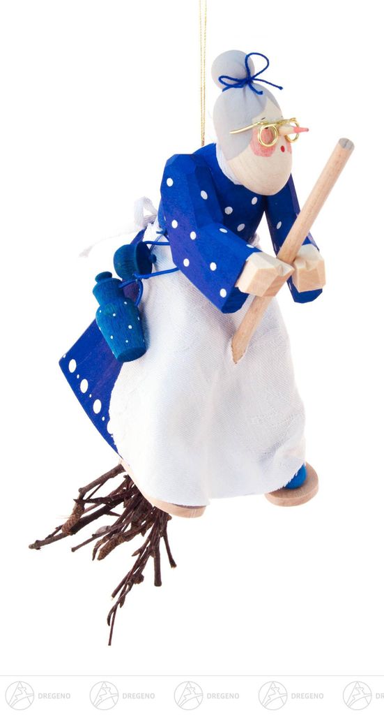 Schnitzerei Küchenhexe auf Besen, geschnitzt, zum Hängen Breite x Höhe x Tiefe 7 cmx24 cmx9 cm NEU