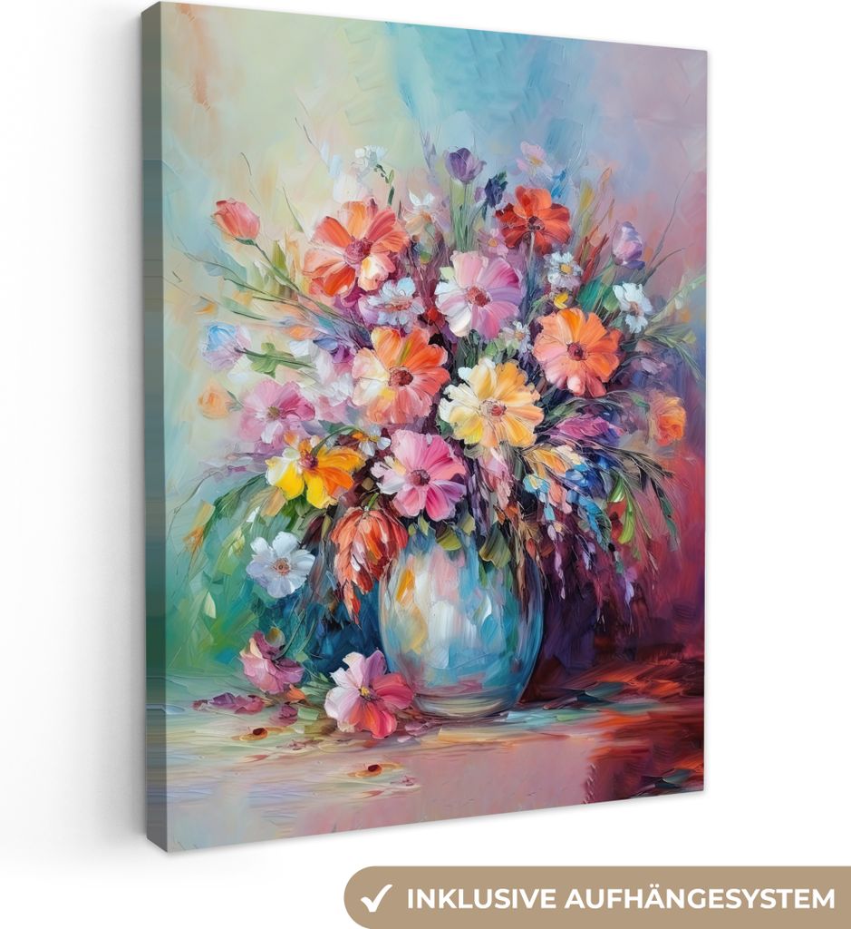 MuchoWow - Leinwandbilder - Blumen - Kunst - Malerei - Frühling - Blumenstrauß, Wandbild, Wanddeko Bilder Wohnzimmer, 30x40 cm