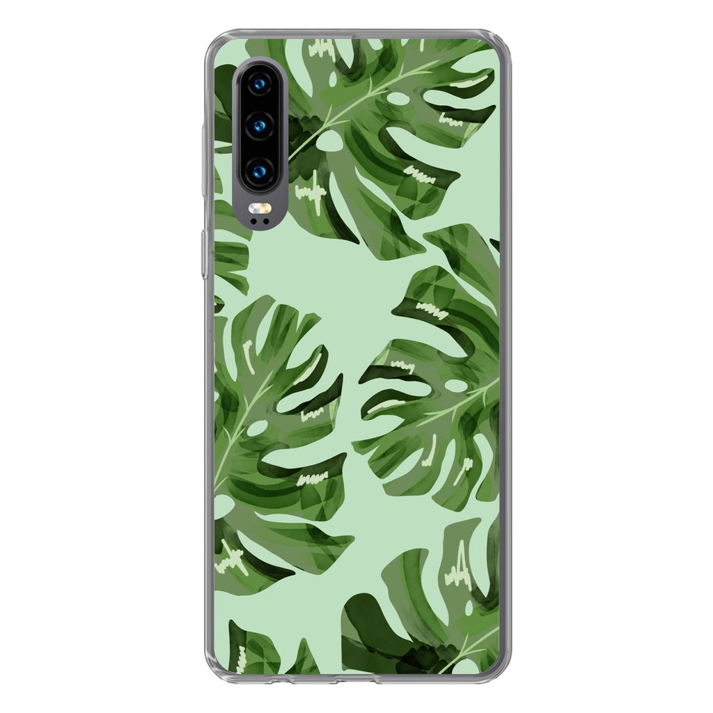 MuchoWow Handyhülle Schutzhülle Hülle für Huawei P30 Blätter - Tropisch - Pastell Silikon Softcase Handy Hülle - Kartenbesitzer