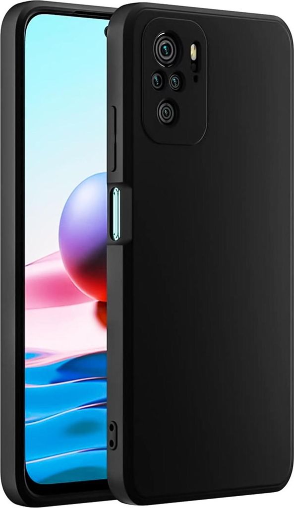 A black silicone phone case for a Xiaomi Redmi Note 10 / 10s is shown from a diagonal angle, highlighting its camera module cutout and side buttons. The phone's screen is visible in the background, displaying a colorful abstract wallpaper.