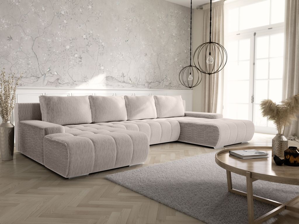 KEF Ecksofa Vera – U-Form – 350x85x185 cm – Liegefläche 290x140 cm – Rollsystem zur Ausklappung – Mit Schlaffunktion – Wellenfederung...