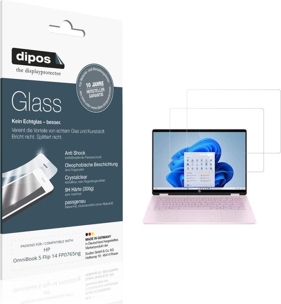 2x Schutzfolie für HP OmniBook 5 Flip 14 FP0765ng - Anti-Shock 9H Folie dipos Glass Kunststoffglas