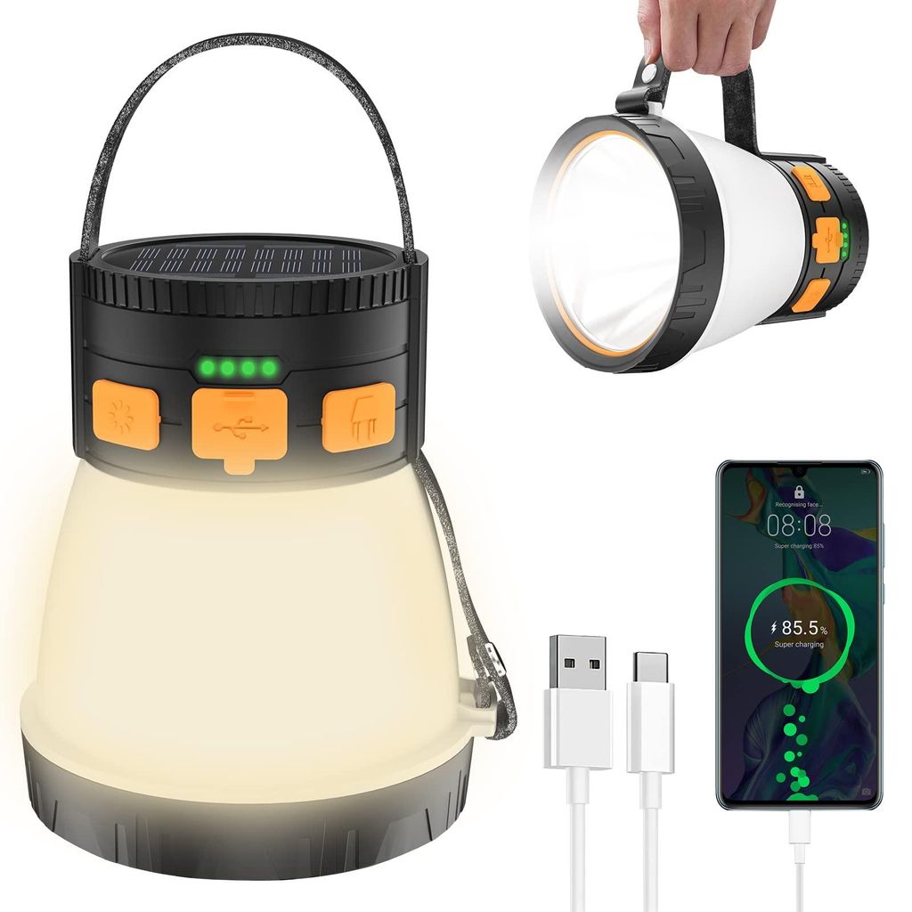LED-Campinglaterne, 1500 Lumen, wiederaufladbare Campinglaterne mit Solarpanel-Aufladung, wasserdicht, 8 Lichtmodi, 7500 mAh Powerbank