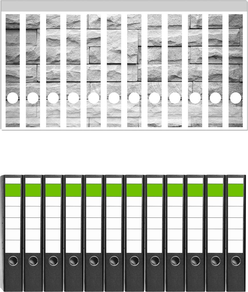 Wallario 12 Stück schmale Ordner inkl. Klebeetiketten mit Motive Steinwand grau - Set mit Rückenschildern / Ordnerrücken Stickern