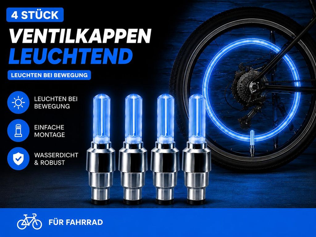 4x LED Ventilkappen Blau für Fahrrad – Leuchtende Produktbild  KI-generiertes Bild