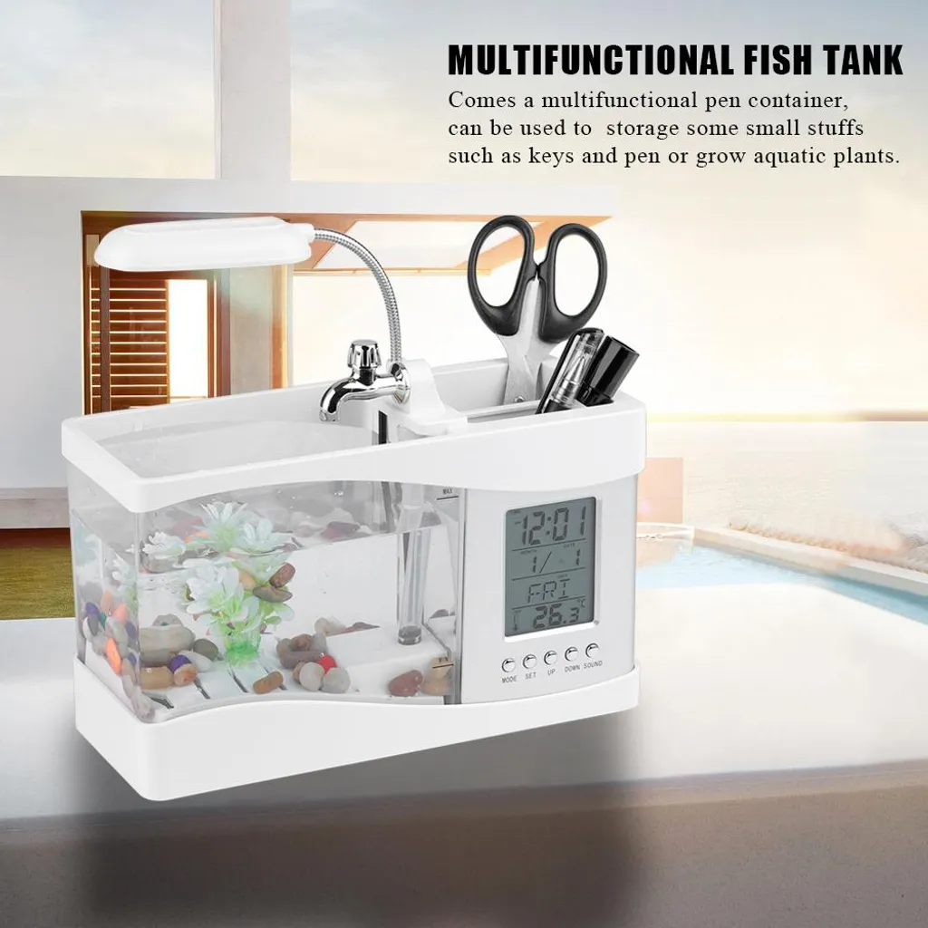 Aquarium décoratif pour table de nuit avec horloge et lumière LED USB - 2