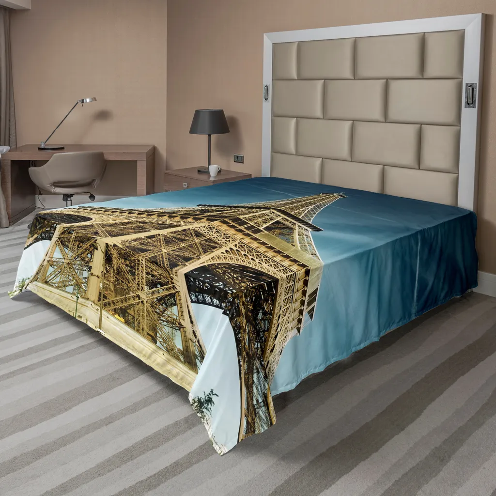 ABAKUHAUS Lenzuolo Torre Eiffel, Parigi Simbolo Architettura Francia Destinazione turistica, morbido e confortevole lenzuolo superiore per un letto decorativo 1 pezzo 244 cm x 205 cm, Caffè chiaro Azzurro