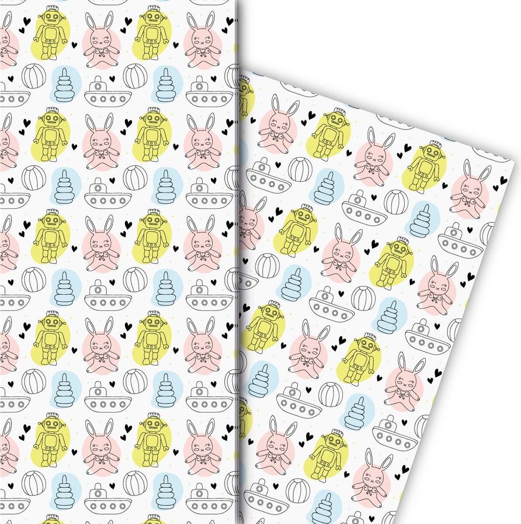 Niedliches Spielzeug Geschenkpapier für Kinder, Babys, weiß - G8207, 32 x 48cm