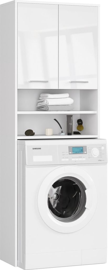 A white washing machine cabinet with shelves and doors, standing in front of a white background.