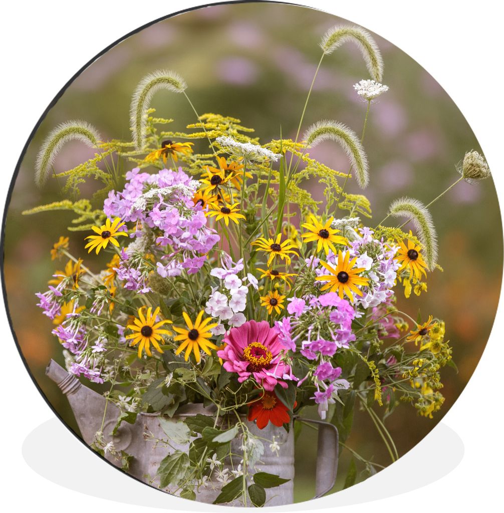 MuchoWow Aluminium Wandkreis Blumen - Gießkanne - Farbe Ø 60 cm Wanddeko Modern Wohnzimmer - Wand Kreis - Wandbild - Schlafzimmer - Aluminium B...