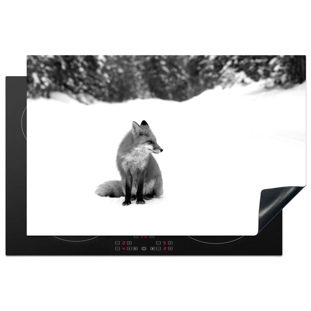 KitchenYeah Herdabdeckplatte Fuchs im Schnee - schwarz und weiß , 80x52cm, Küche Deko, Glaskeramikkochfeld Herdabdeckung, Abdeckplatte fùr Koc...