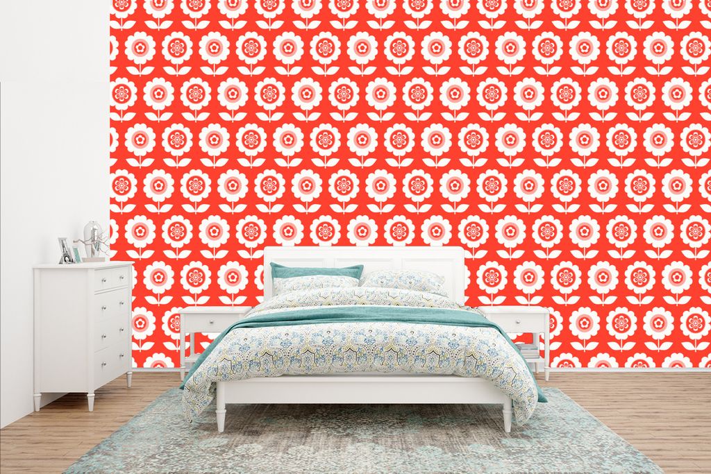 MuchoWow Fototapete für Wohnzimmer oder Schlafzimmer Wandtapete Vinyl Motivtapete Blumen - Muster - Rot - 400x240 cm - Gemustert