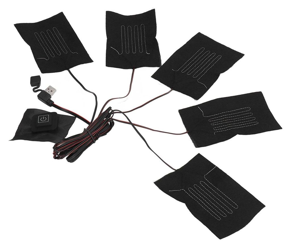 A set of five black heating pads connected by wires and a USB cable, laid out on a white background.