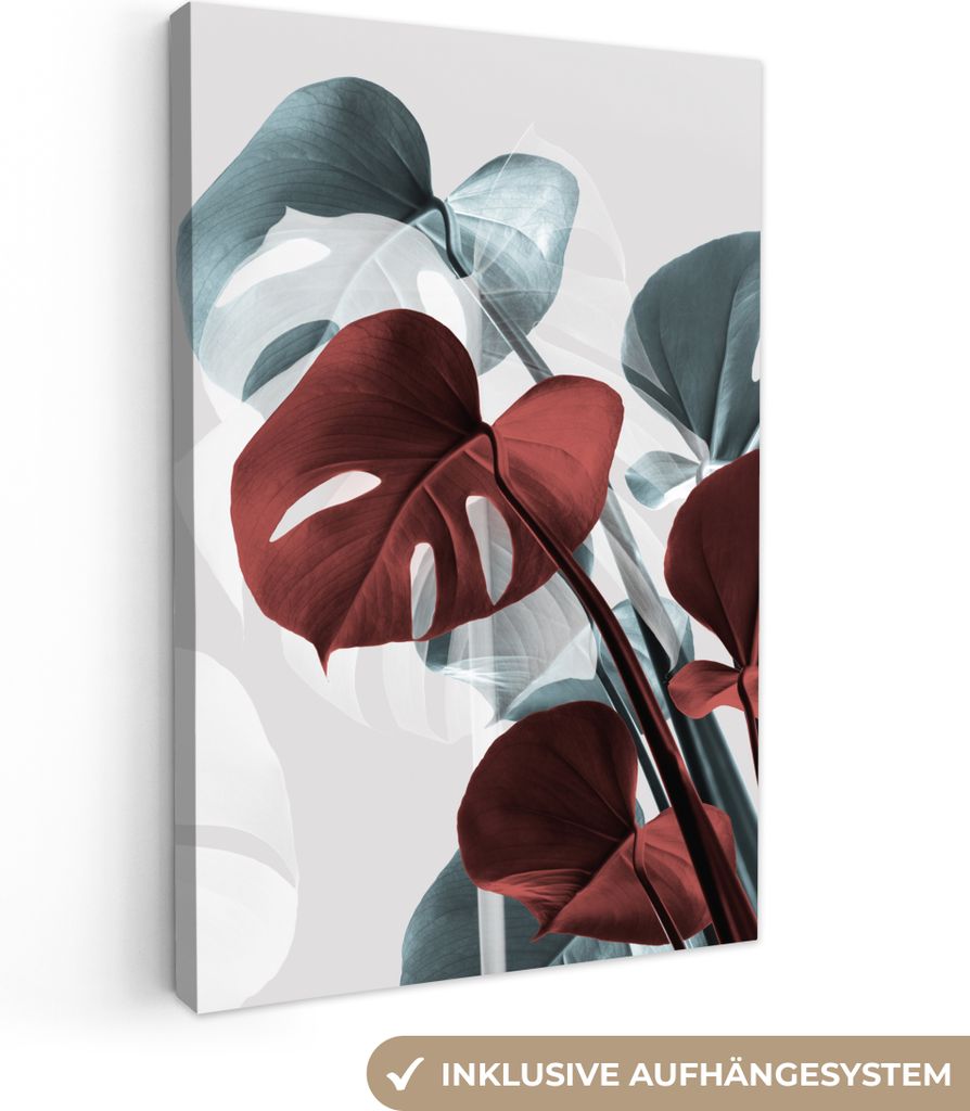 OneMillionCanvasses - Leinwandbilder - 90x140 cm, Monstera - Rot - Pastell - Stilleben, Wandbilder Kunstdruck Wanddekoration - Foto auf Leinwand ...