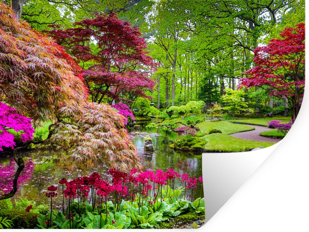 MuchoWow Wandtattoo Wandsticker Wandaufkleber Bäume - Blumen - Japanisch - Natur - Wasser 40x30 cm Selbstklebend und Repositionierbar - Faltenfrei