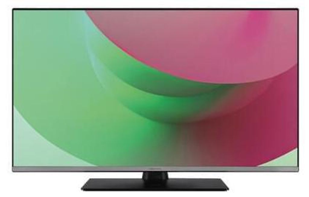A flat-screen television with a colorful abstract image displayed on its screen, placed on a stand.