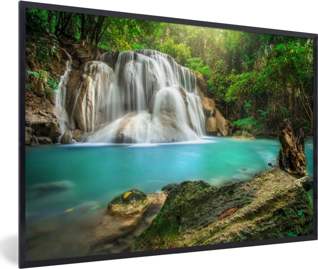 MuchoWow Gerahmtes Poster Wald - Wasserfall - Natur 30x20 cm - Poster mit Schwarzem Bilderrahmen Wandposter Rahmen Foto Bilder - Kunstdruck - Bil...
