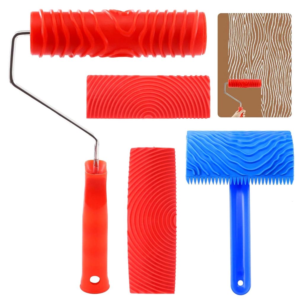 Set von Malwerkzeugen zur Holzmaserung mit Gummi-Rollen und Griff für DIY-Wanddekoration