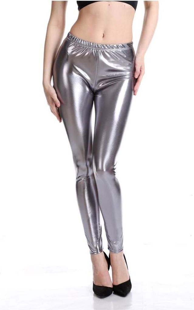 ASKSA Damen Leggins Silber Leggins Metallic Damen Glaenzende Hose 80er mit Hoher Taille Shiny Leggins,Grau,XXL