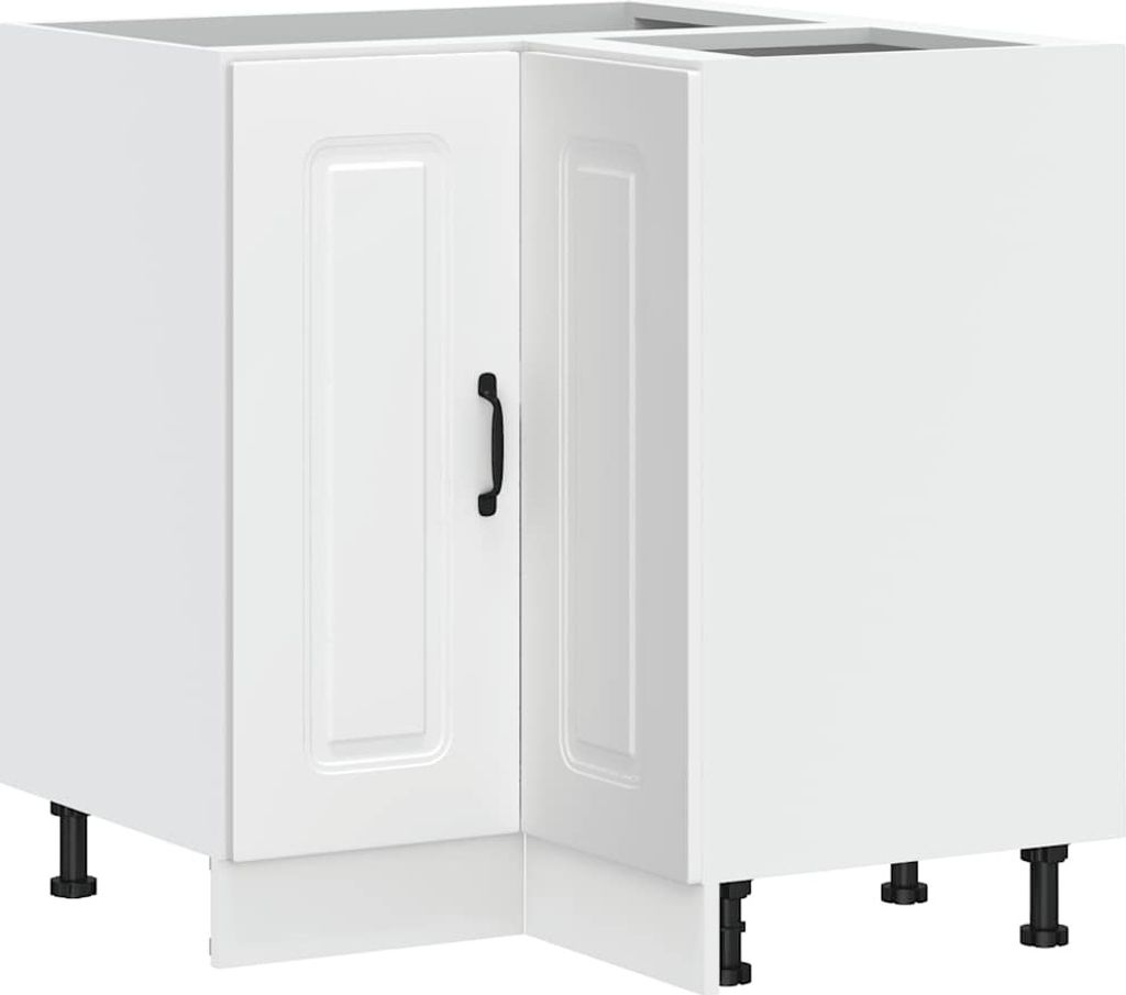 A white corner kitchen base cabinet with a black handle and black legs.