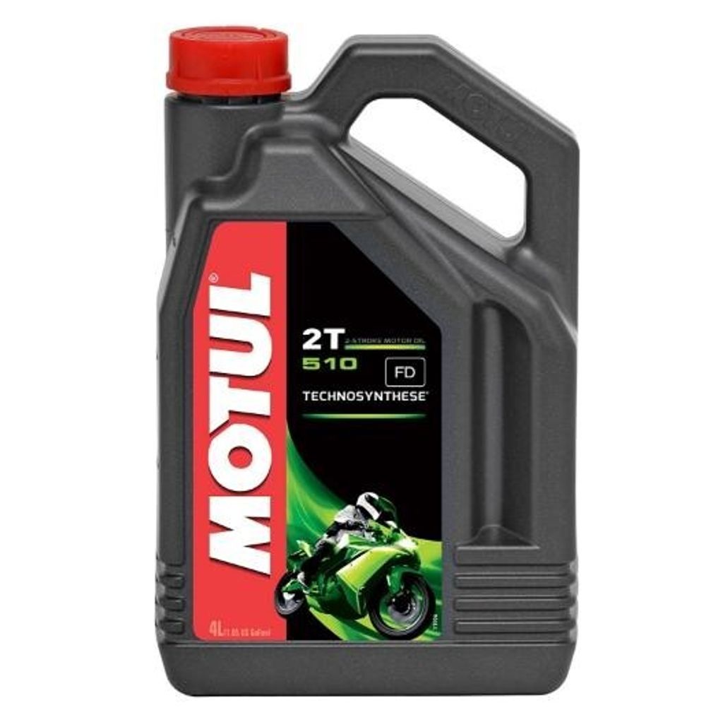 A black plastic jug of Motul 2T 510 4L motor oil with a red cap and a label featuring a green motorcycle.