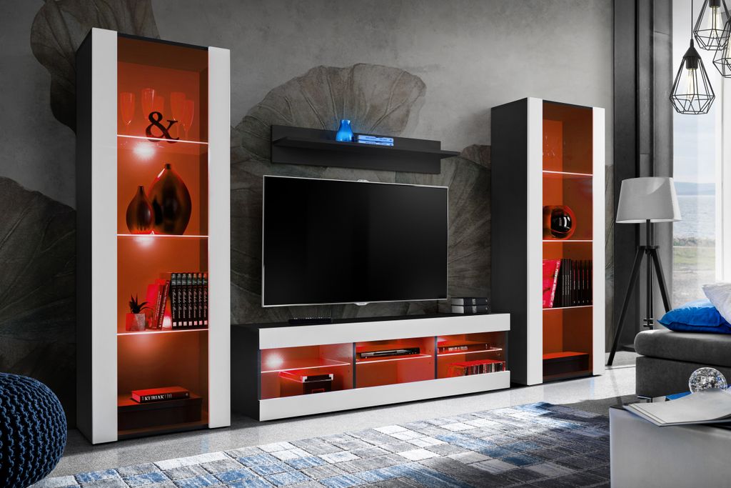 Komodee | Wohnwand Wohnzimmerset Tivoli Grande, Korpus Schwarz Matt Frontfarbe Weiß Matt, LED RGB