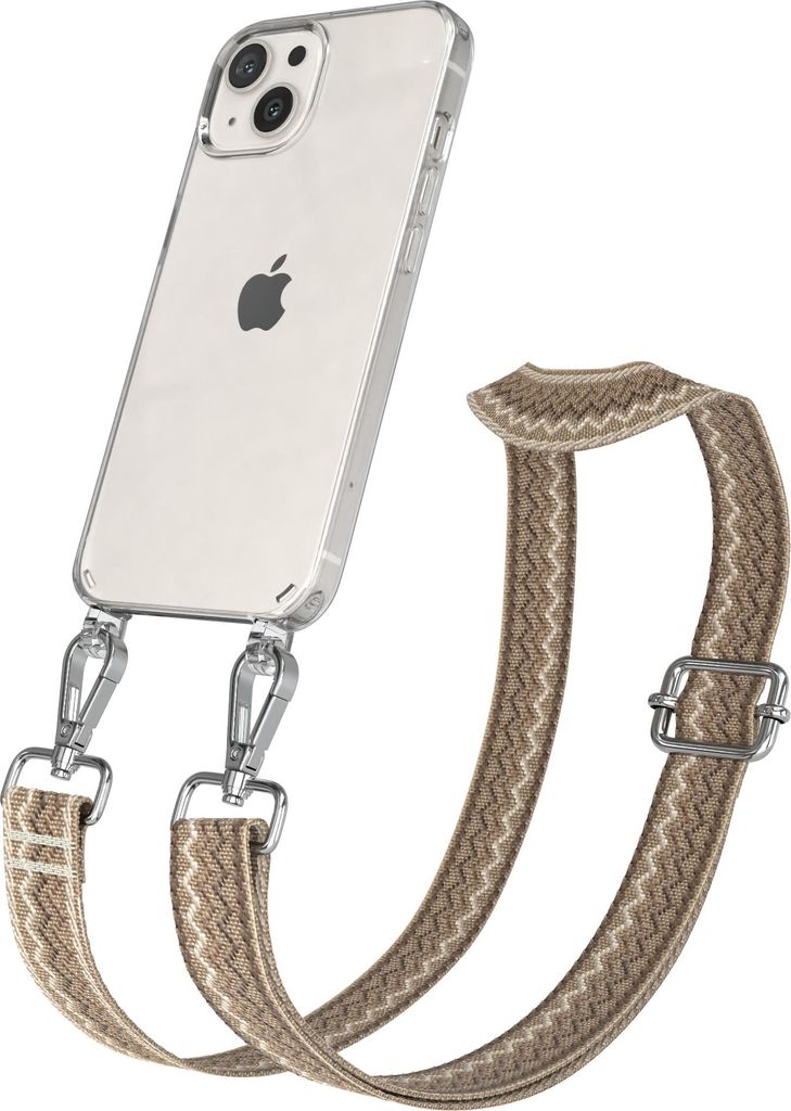 Apple iPhone 13 Chain Eyelets Slim Neck Strap Set Wave Style 07 light Brown/Brown 01 Metall Silver
