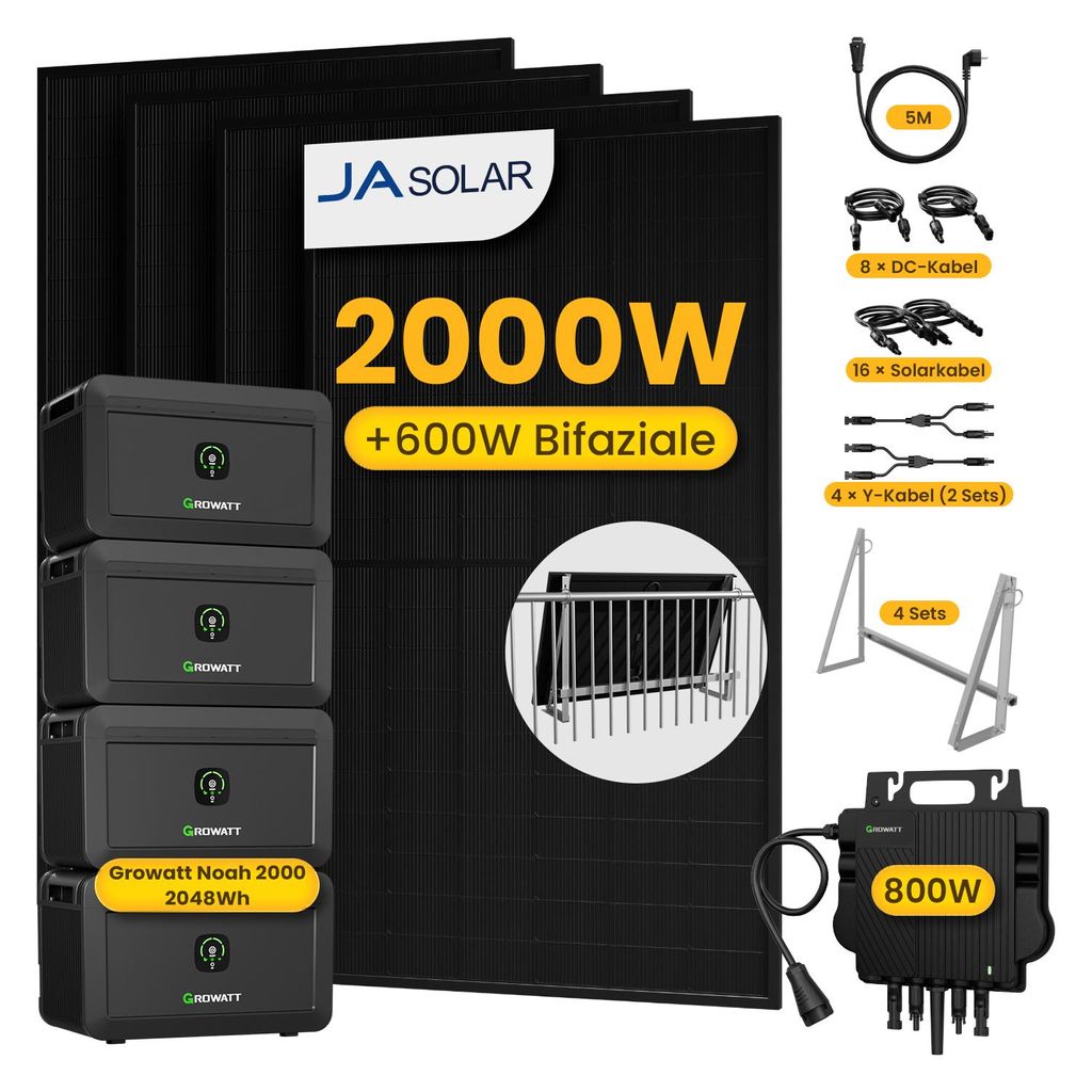 Powerness Balkonkraftwerk mit Speicher,4x JA Solar 500W Module & Growatt 800W Mikro-Wechselrichter & 4x Growatt NOAH 2000,4x Balkon/Garten-Halterung