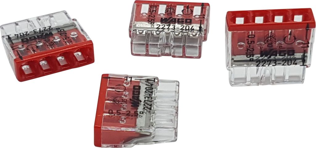 10 Stück Wago 2273-204 COMPACT-Verbindungsdosenklemme Ø 0,5-2,5 mm², 4-polig, transparent/rot