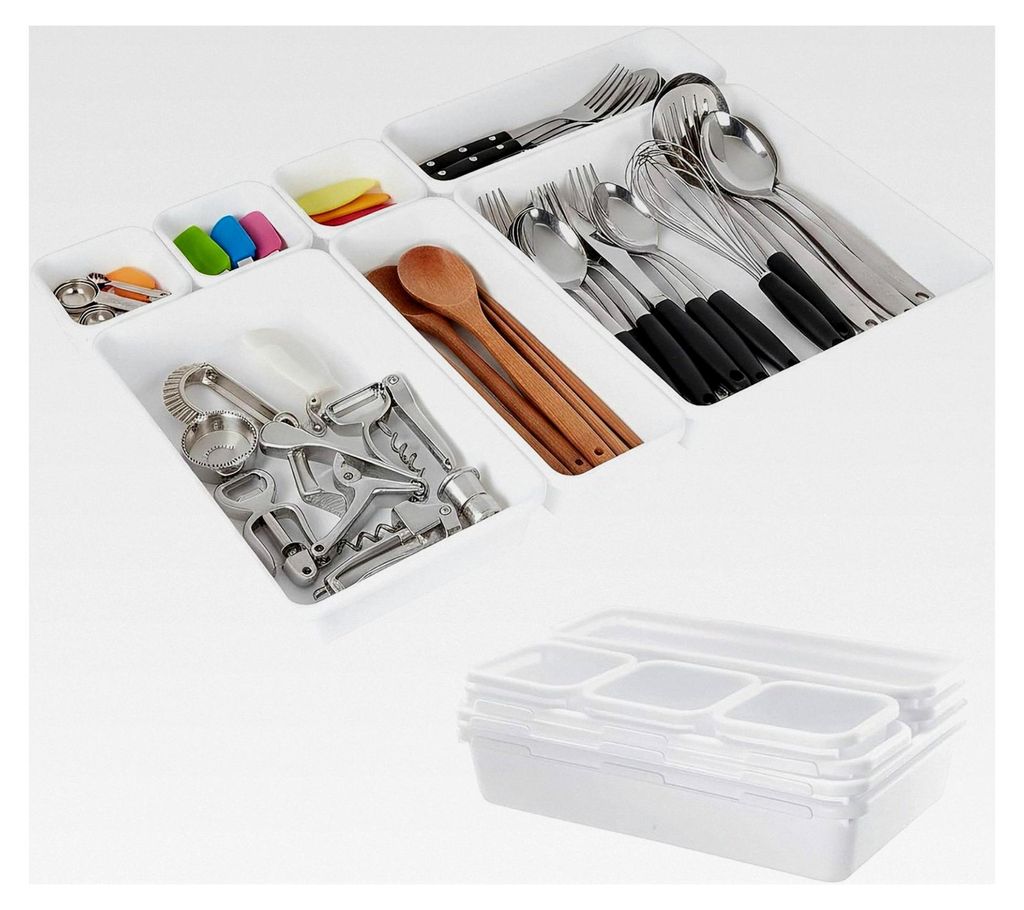 8-teiliges Schubladen-Organizer-Set, Kunststoff Stapelbare Aufbewahrungsboxen in 3 Größen, Schubladentrenner für Make-up, Schreibtisch, Küche, ...
