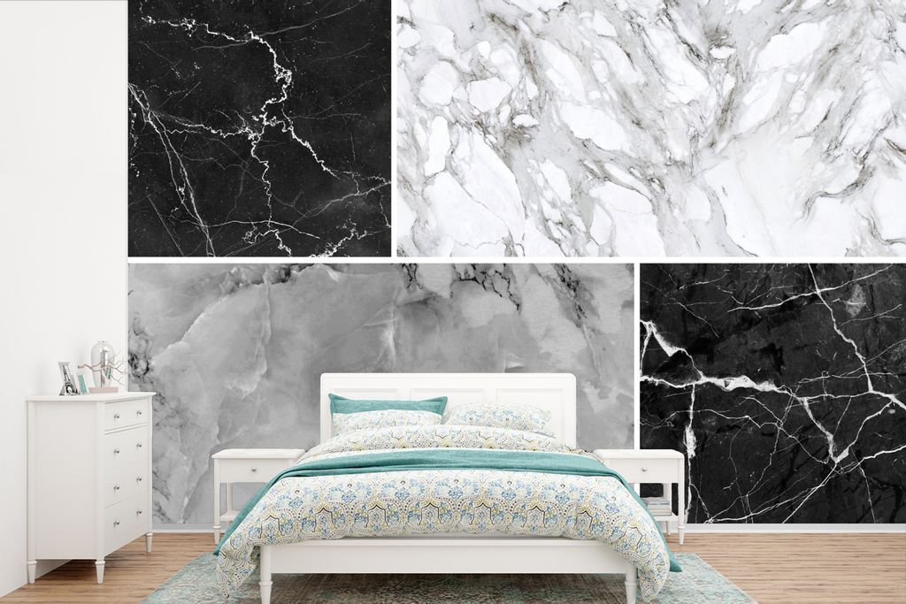 MuchoWow Fototapete für Wohnzimmer oder Schlafzimmer Wandtapete Vinyl Motivtapete Marmor - Weiß - Schwarz - Grau - 360x240 cm - Vinyl-Tapete