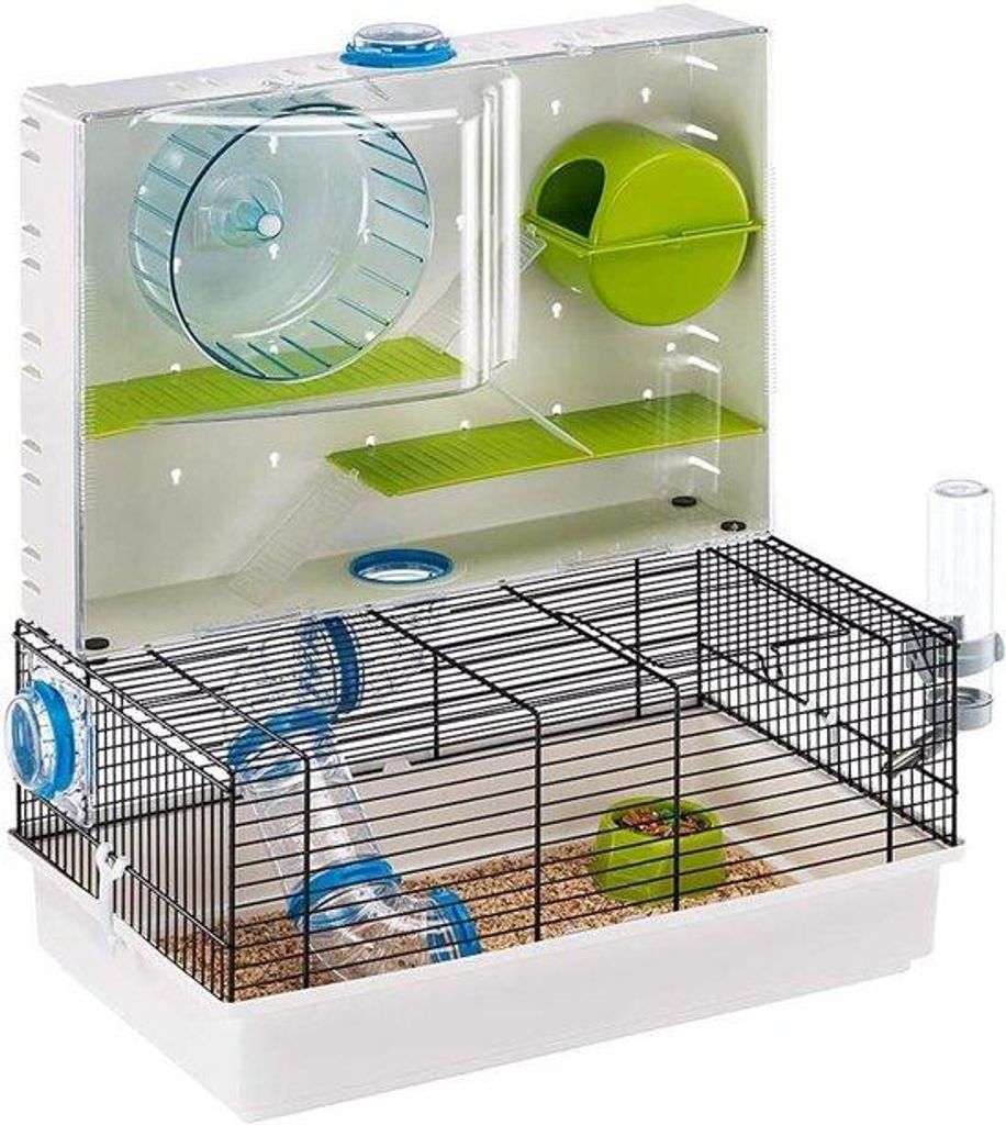 Hamster- und Maus-Käfig mit Spielbereich und Zubehör, 46 x 29 x 54 cm, schwarz.