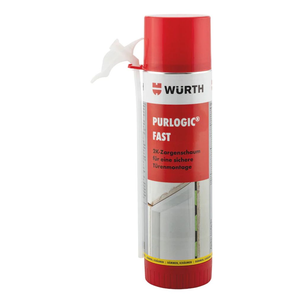 A can of spray foam sealant with a nozzle.