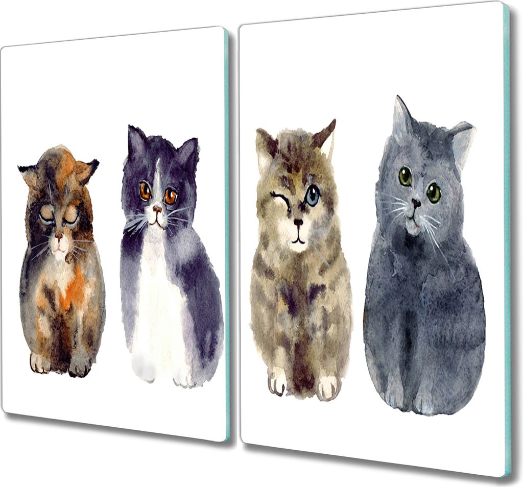 Coloray Herdabdeckplatte 2x30x52 cm Schneidebrett Kochplattenabdeckung Küchenbrett Hackbrett - Tiere Katzen Aquarell