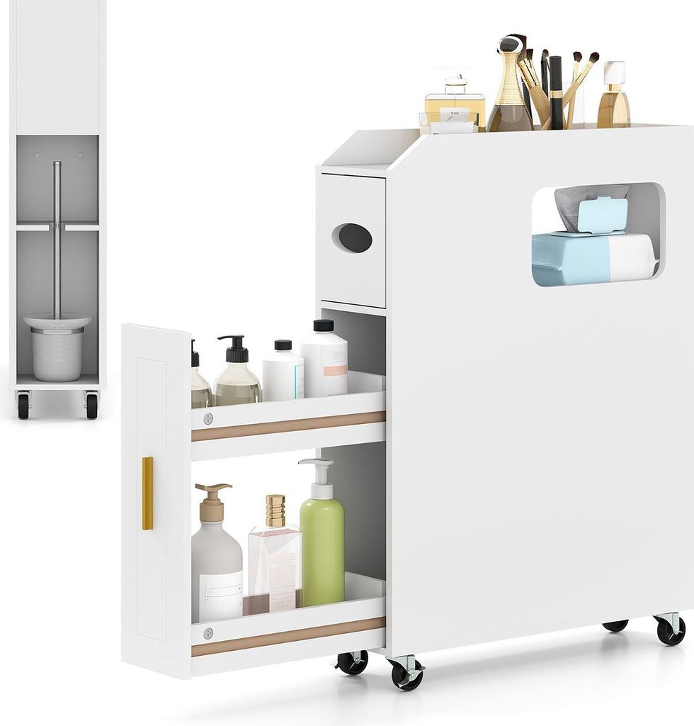 A white bathroom storage cabinet with pull-out drawers and a top shelf displaying various toiletries and cosmetic items.