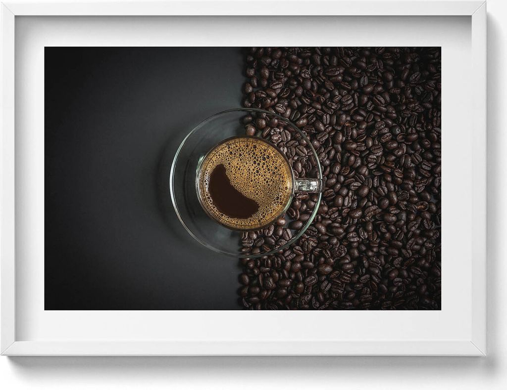 Kaffee und Bohnen– Wandbild mit Rahmen – Gerahmtes Bild – Wanddekoration – 70x50 cm – Schwarz Rahmen