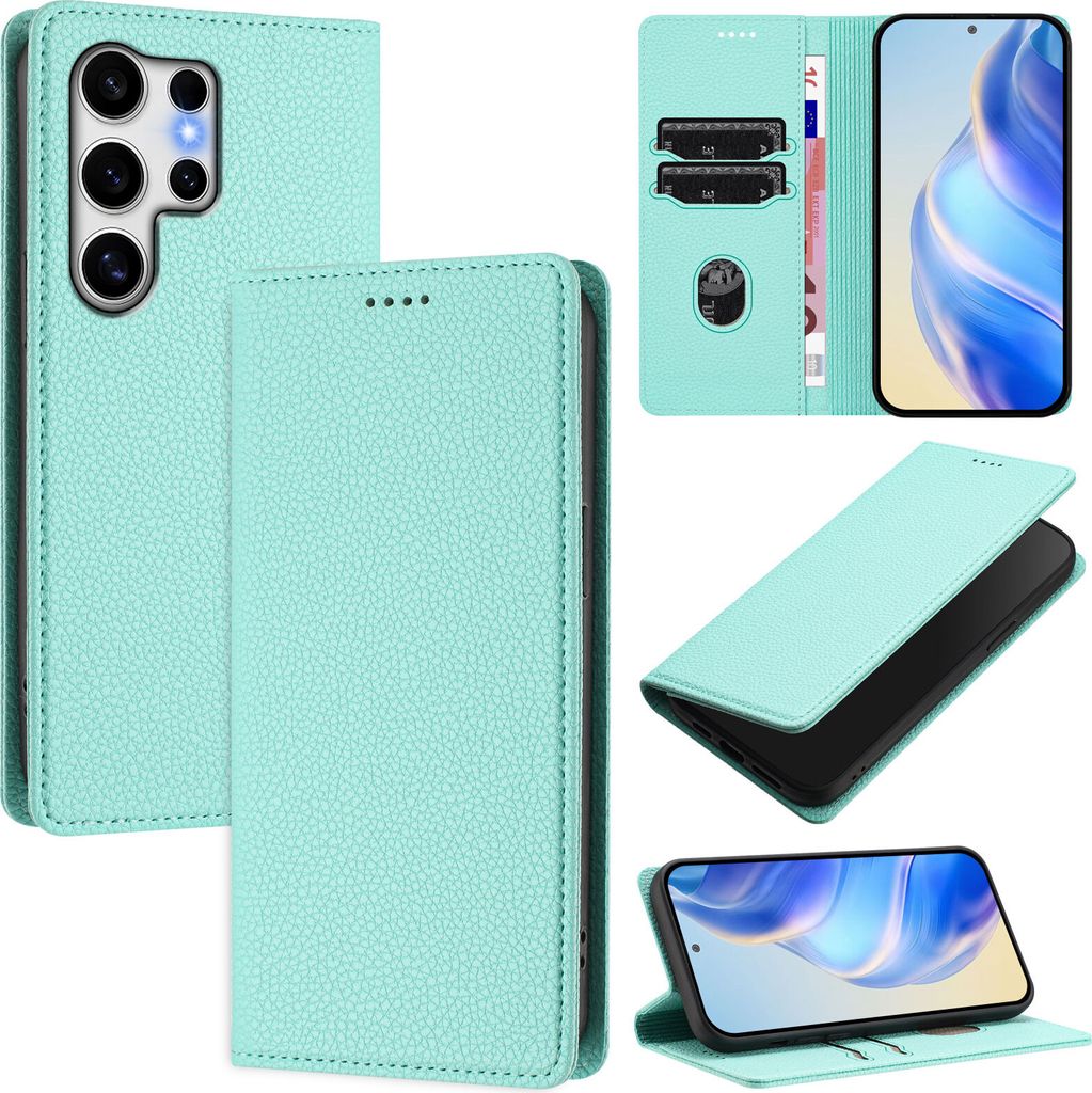 Litchi Leder Handyhülle für Samsung Galaxy S25 Ultra Wallet Kartenfächer Standfunktion Hülle Türkis