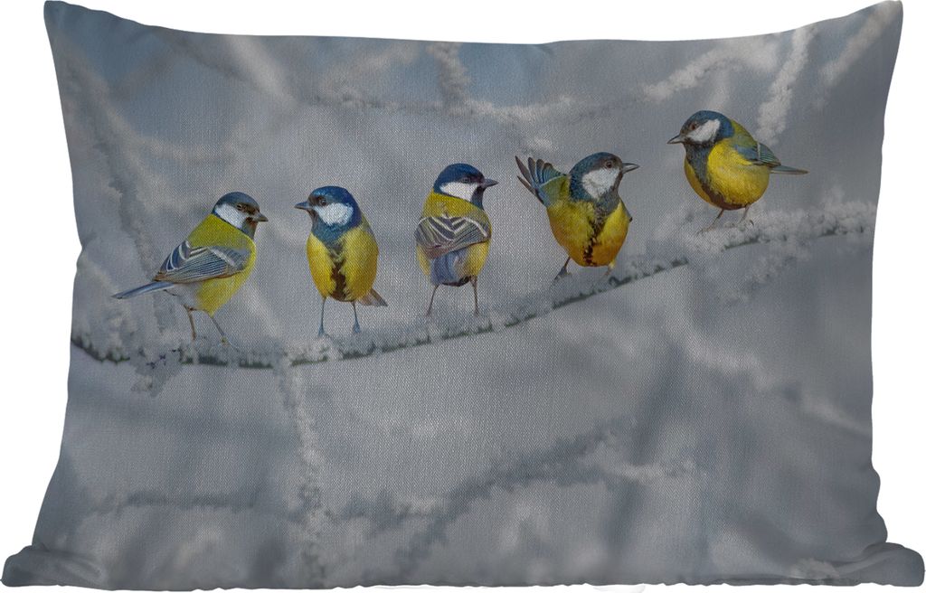 MuchoWow Outdoor Kissen - Vogel - Kohlmeise - Winter - Schnee - Zweige - 50x30 cm - Wetterfest - Lounge Kissen - Sofa kissen - Wohnzimmer Dekoration