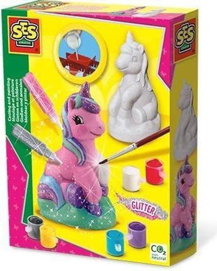 SES Creative Einhorn Gipsfiguren Set zum Gießen und Bemalen, 3D Kreativset für Kinder, 3 Magische Einhörner, ab 5 Jahren, Hobby Pink