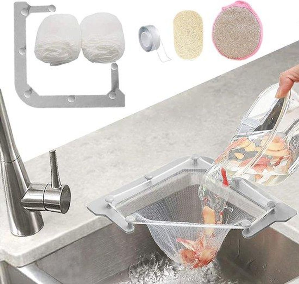 Drei-Eck-Abflussfilter mit einem großen, grauen Rahmen und 100 großen Filternetzbeuteln für Küchenabfälle