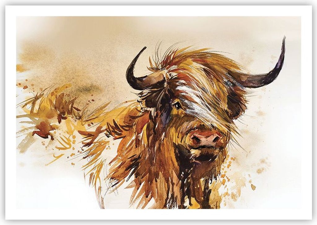 Poster - Poster ohne Rahmen - Stier Scotch Aquarell - 100x70 cm - Wand Bild - Wanddeko - Wandbilder - Kunstposter - Wandposter - Bilder - Kunstdruc...
