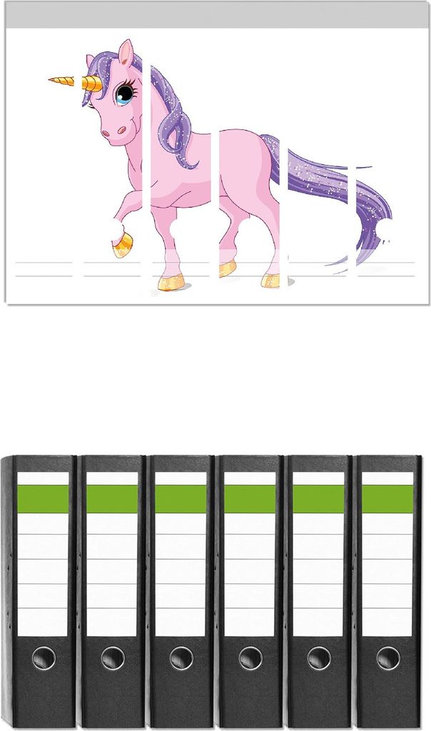 Wallario 6 Stück breite Ordner inkl. Klebeetiketten mit Motive Einhorn in rosa mit Schweif in lila - Set mit Rückenschildern / Ordnerrücken Sti...