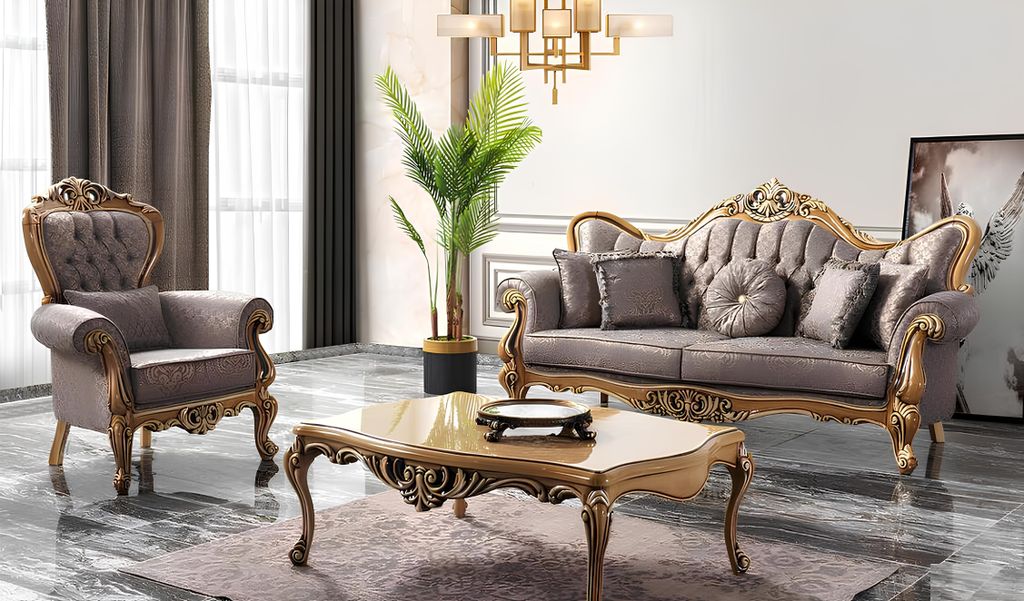 Chesterfield Sofagarnitur Dreisitzer Sessel Stoff Couchtisch Grau Sofa