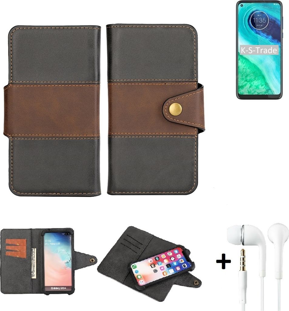 K-S-Trade Handyhülle Schutzhülle Bookstyle Wallet-Case kompatibel mit Motorola Moto G8 + earphones Bumper rundumschutz schwarz-braun 1x