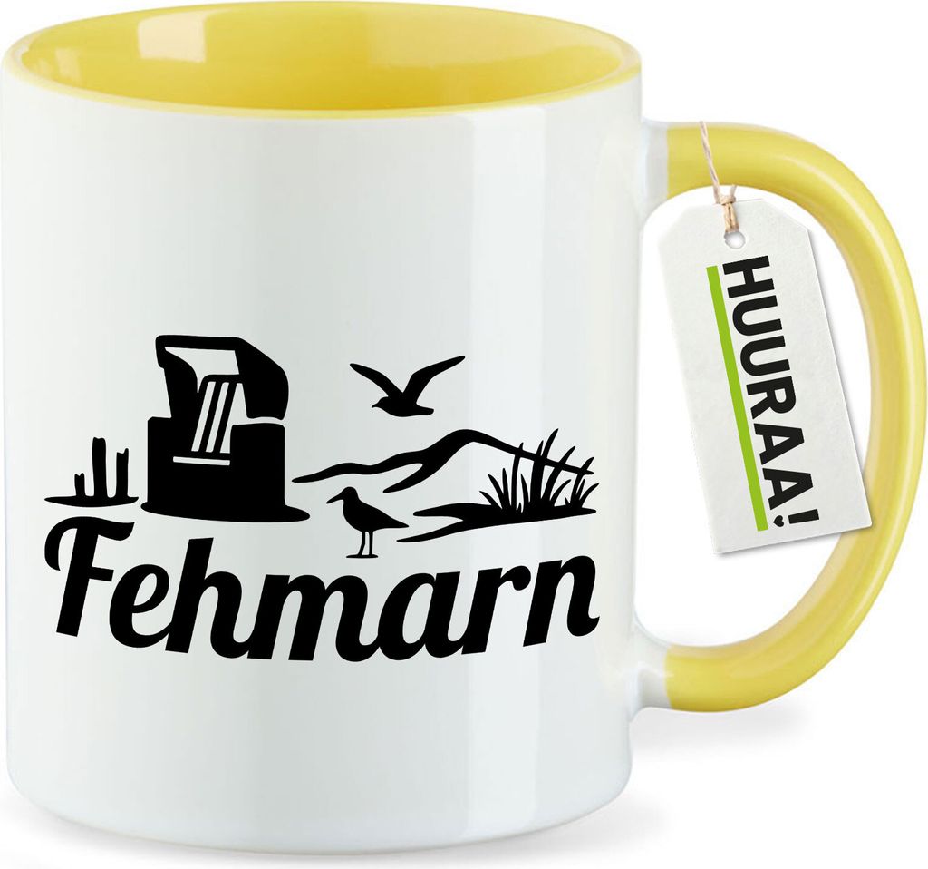 Huuraa Kaffeetasse Fehmarn Strandmotiv 330ml Gelb Keramik Kaffeebecher Geschenkidee